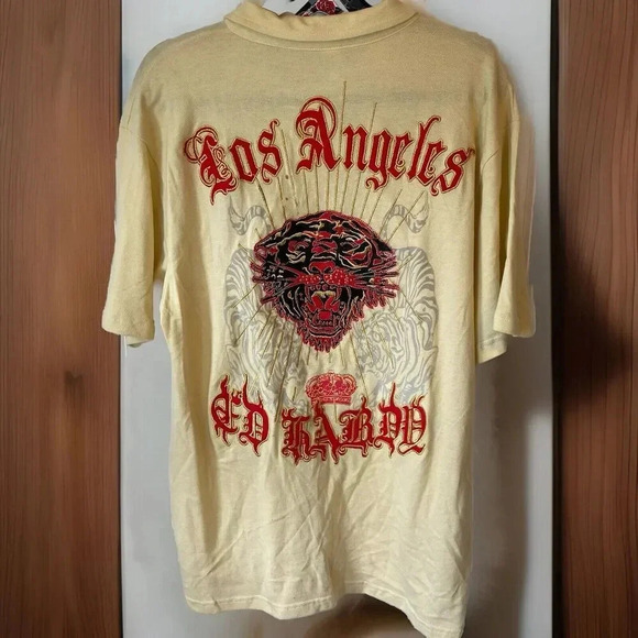 VTG Ed Hardy Los Angeles Embellished Polo T Shirt Tiger Yellow Unisex XXL NEW - Picture 1 of 9